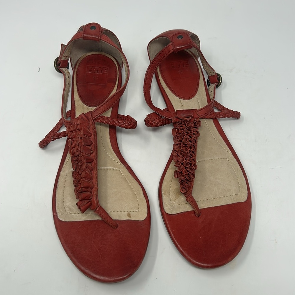 Frye Red Laurel Flower T-Strap Leather Women’s Sandals Size 10 - Picture 2 of 16